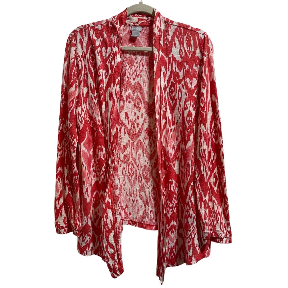 Chico's Women's 100% Linen Print Open Front Cardigan Long Sleeve XL